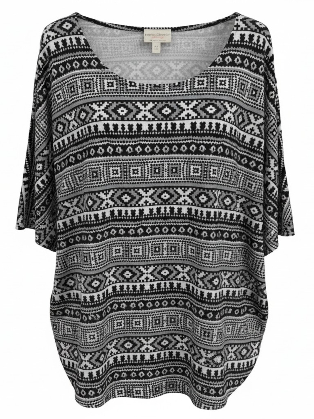 Bobbie Brooks Geometric Tunic Top XL Black White Tribal Print Loose Knit